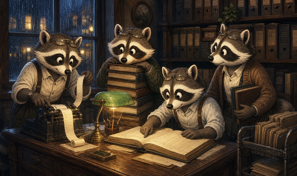 Raccoon accountants working through ledgers by lamplight on a rainy evening