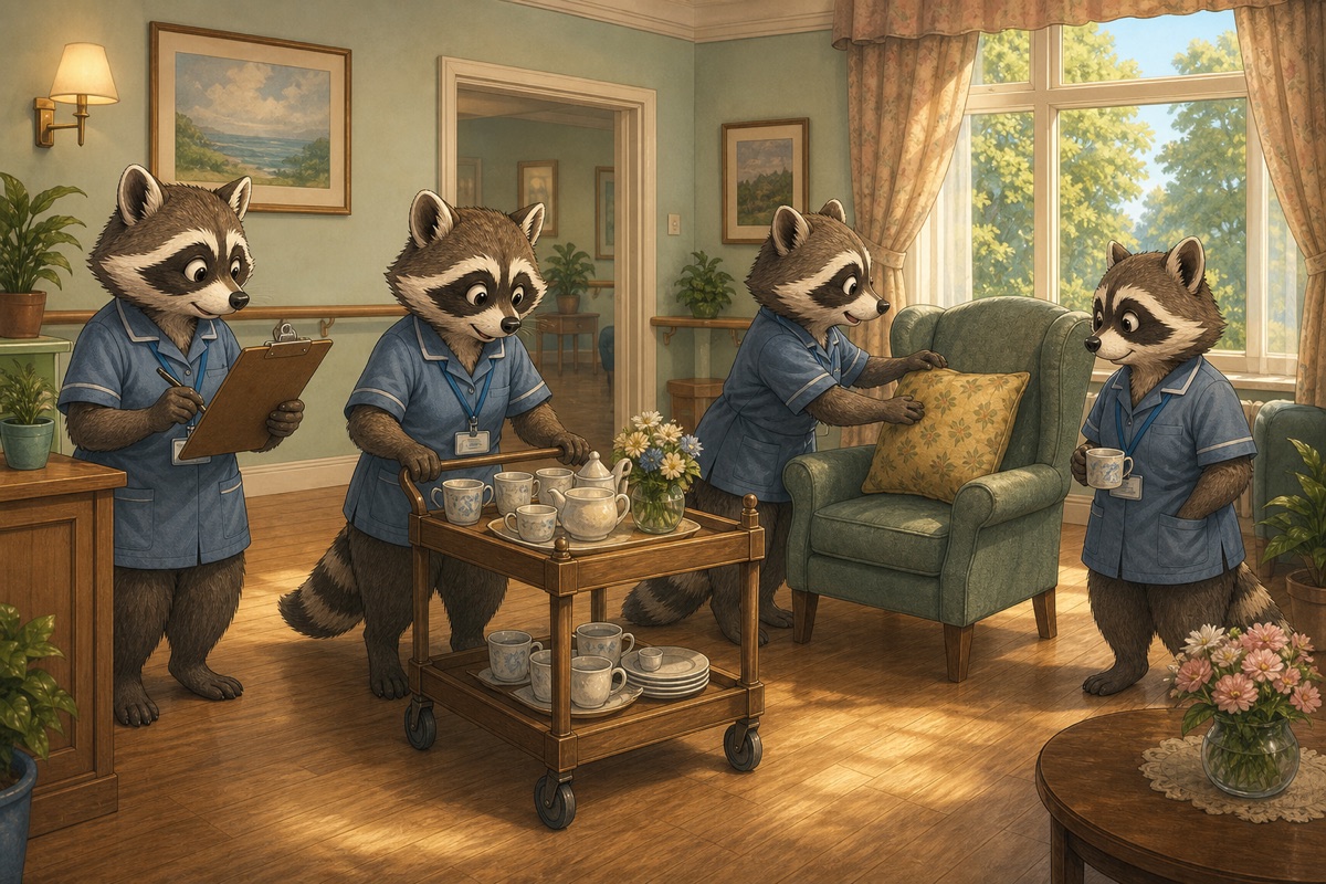 Raccoon care workers tidying a bright care home common room