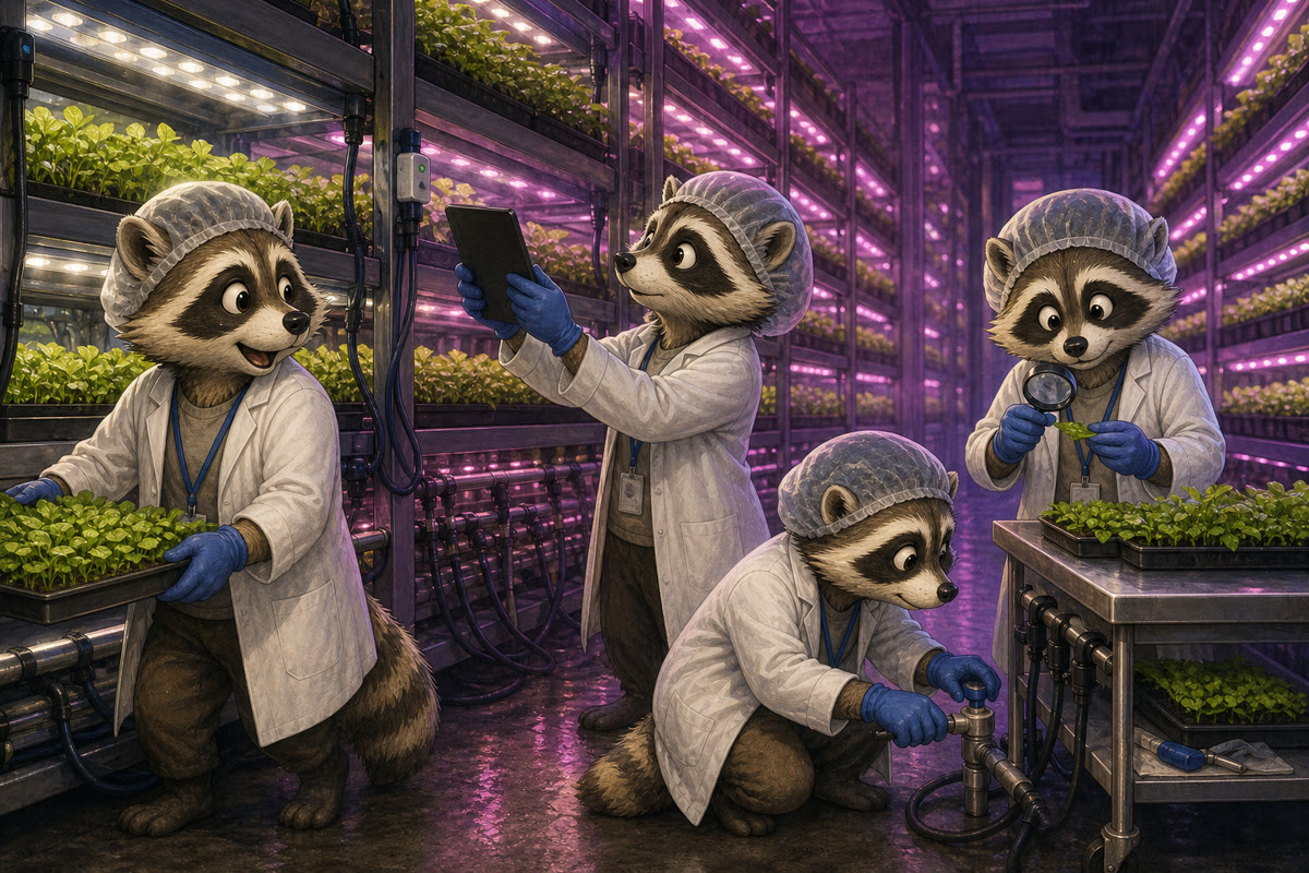 Raccoon researchers in lab coats and hairnets tending trays of seedlings under purple grow lights in a vertical farm