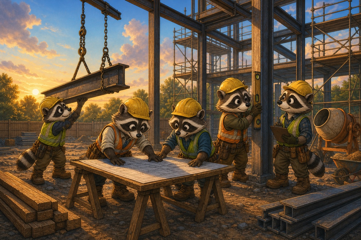 Raccoon builders working on a half-built steel frame at golden hour