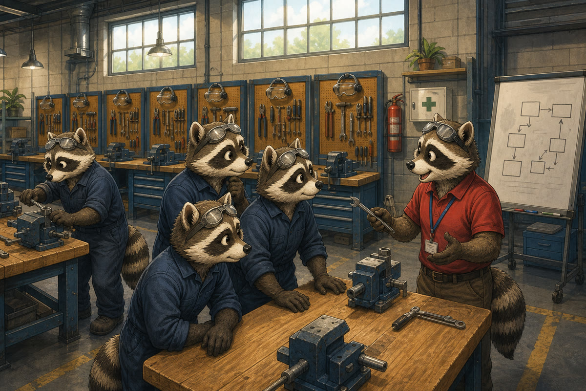 A raccoon instructor briefing trainees in overalls and safety goggles at workbenches in a training workshop, a flow diagram on the whiteboard