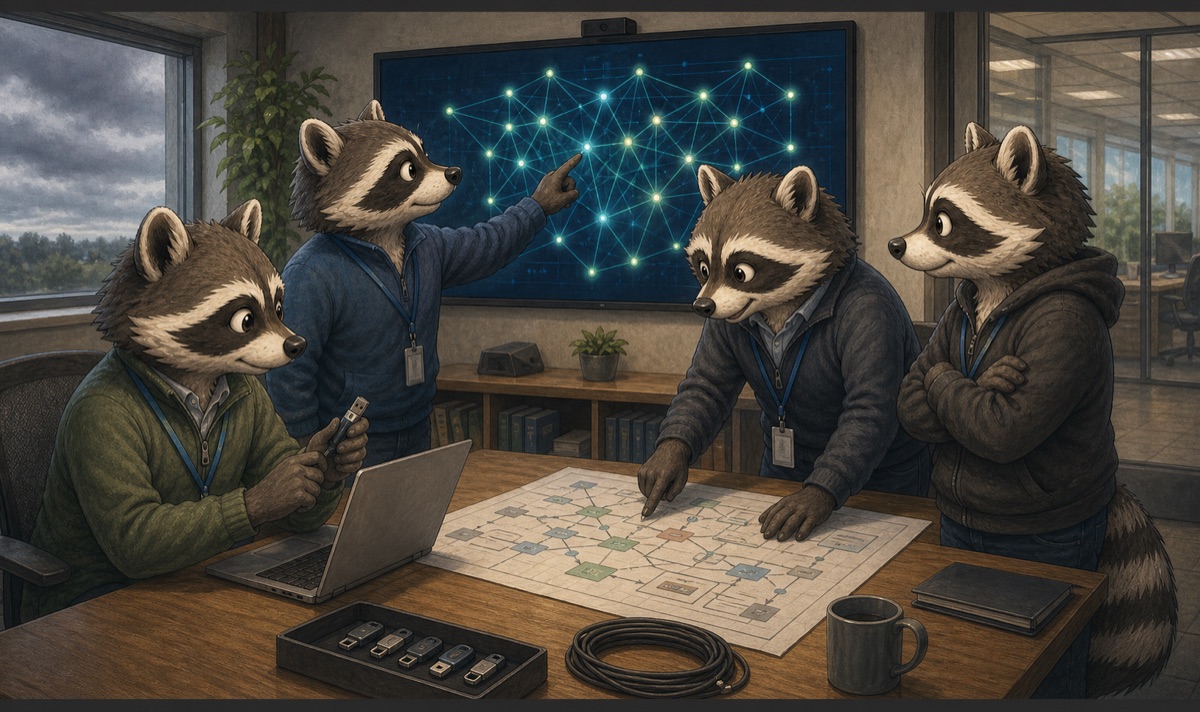 Raccoon security team tracing a network graph on a wall display beside a printed diagram