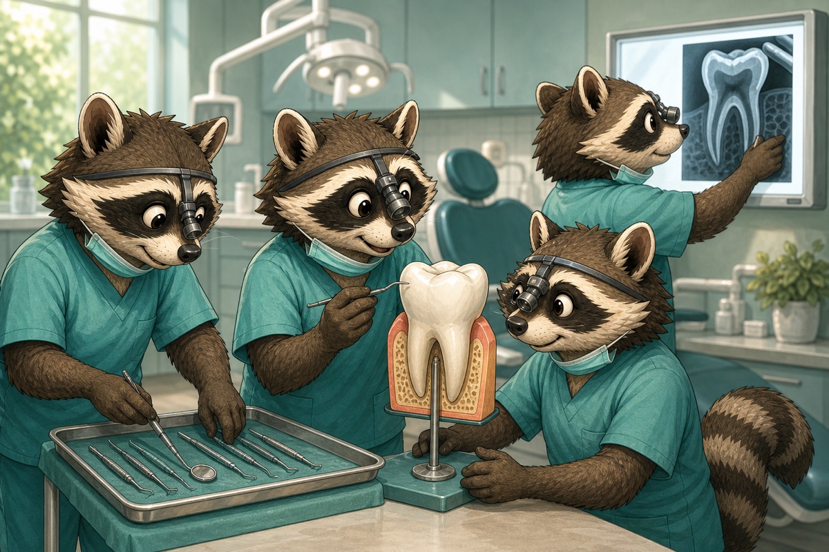 Raccoon dentists in teal scrubs examining a giant model molar in a bright surgery