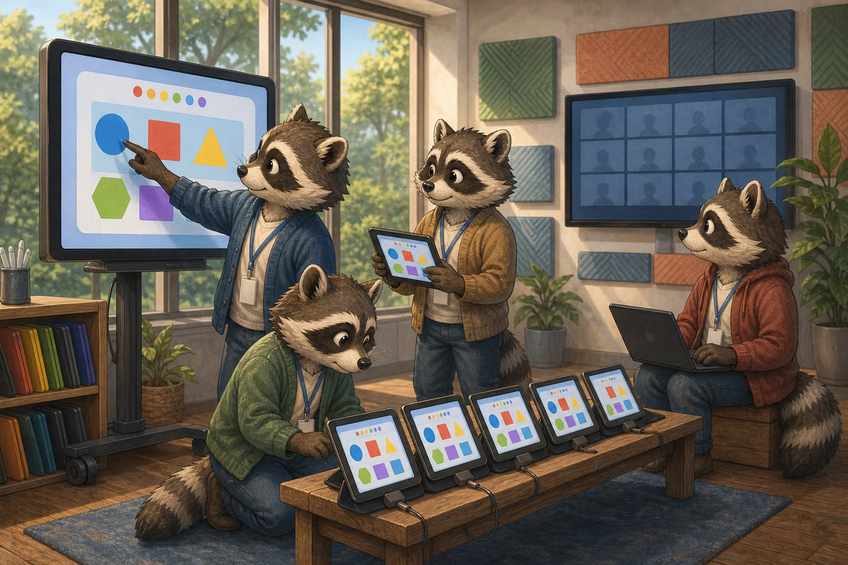 Raccoons demonstrating learning software on an interactive whiteboard beside a row of tablets in a bright classroom