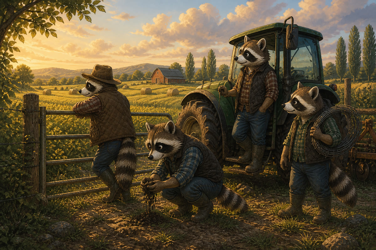 Raccoon farmers at a field gate at golden hour, one crouched checking the soil, beside a green tractor with hay bales and a barn behind