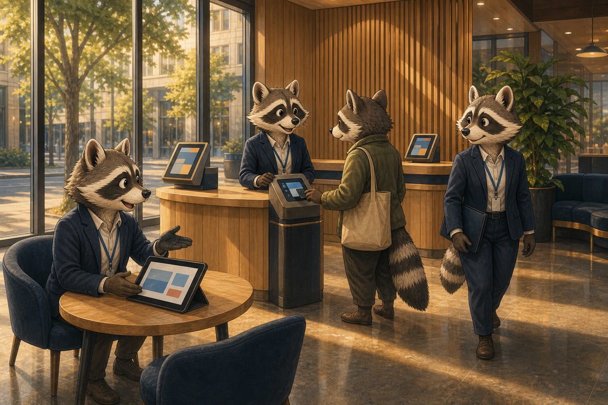 Raccoon bank staff helping customers in a modern branch, one at a tablet in the seating area and one at a self-service terminal