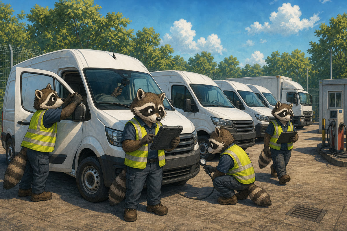 Raccoon technicians in hi-vis inspecting a line of white vans in a depot yard, one holding a tablet and one crouched at a wheel