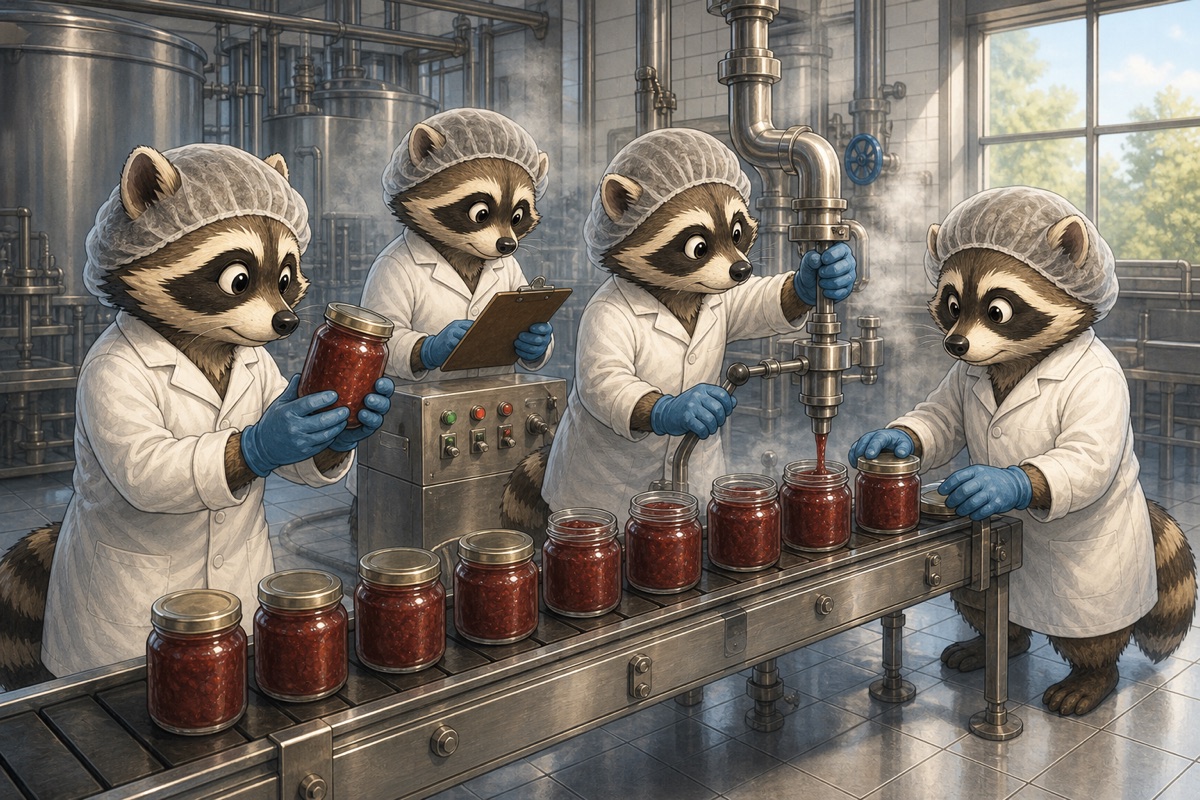 Raccoons in hygiene coats and hairnets inspecting jars on a stainless steel food production line