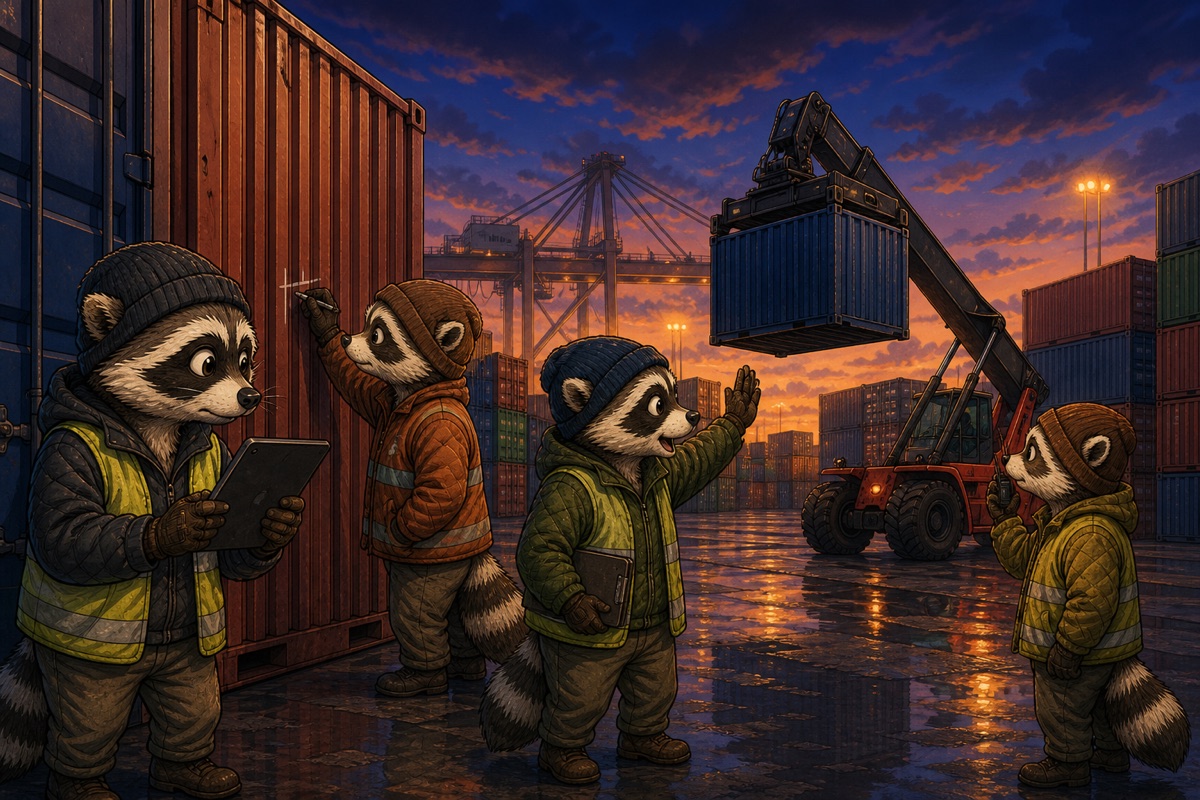 Raccoon freight crew checking manifests in a container yard at dusk