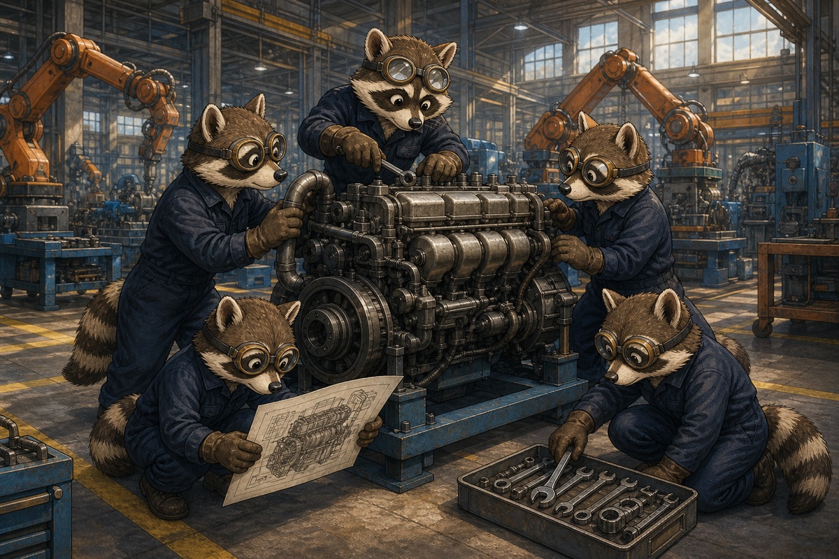 Raccoon engineers assembling an engine on a factory floor