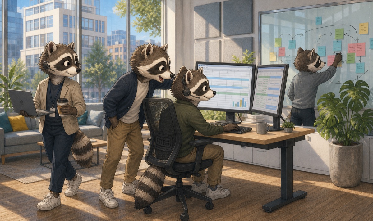 Raccoon brokers reviewing a spreadsheet on dual monitors in a modern open-plan office