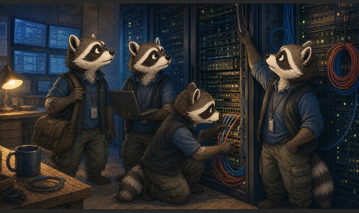 Raccoon engineers patching cables into a server rack in a dimly lit server room
