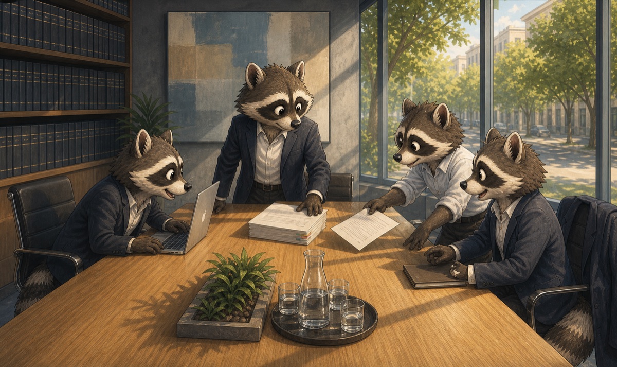 Raccoon lawyers reviewing a document bundle around a table in a glass-walled meeting room