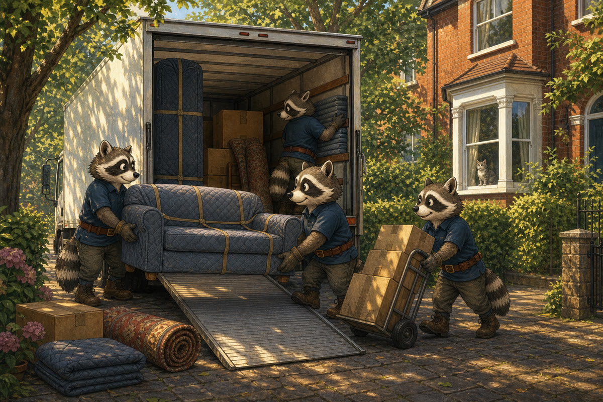 A raccoon removals crew carrying a wrapped sofa up the ramp into a moving lorry outside a red brick house