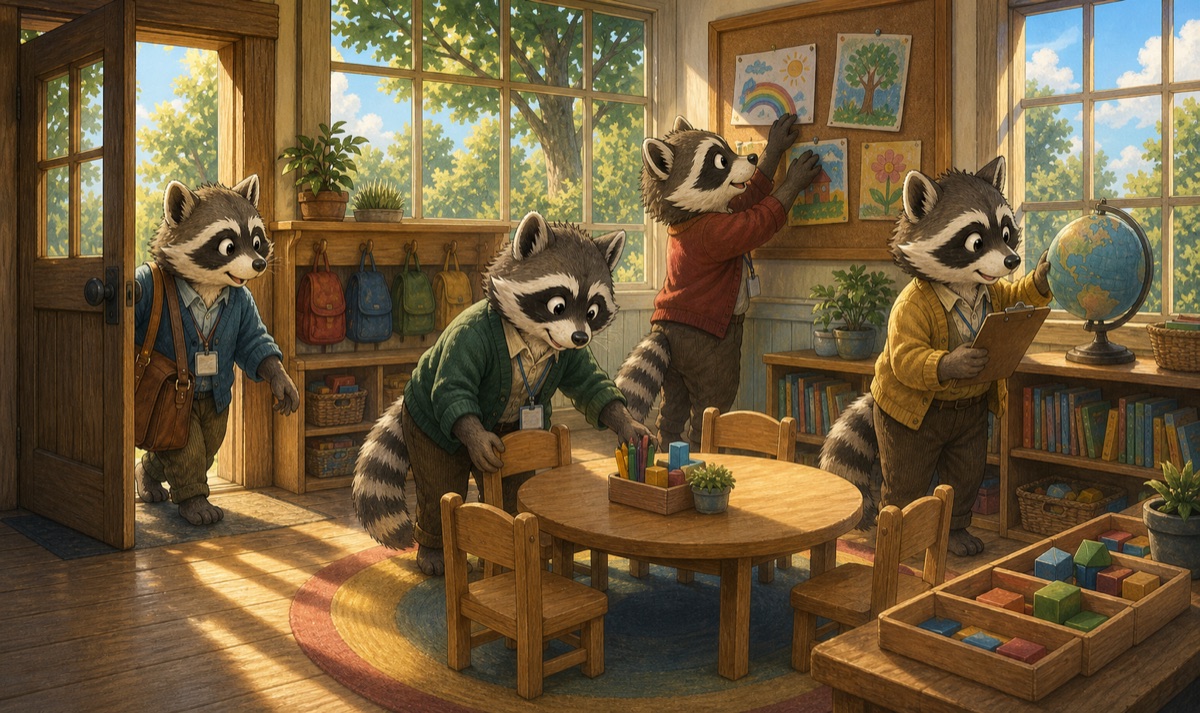Raccoon teachers setting up a bright classroom before the school day begins