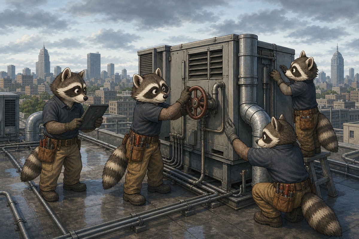 Raccoon building technicians servicing HVAC units in a rooftop plant room