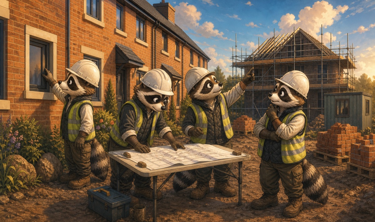 Raccoon developers reviewing a site layout drawing on a new-build housing development at golden hour
