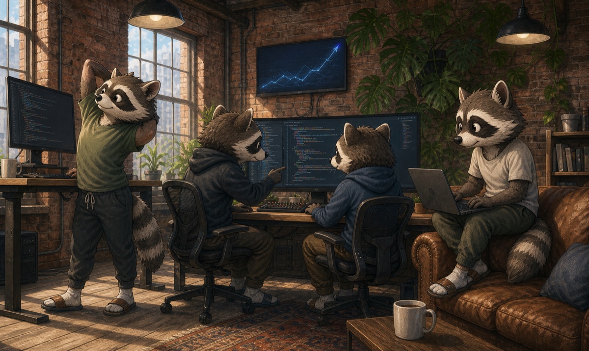 Raccoon engineers pairing at a code monitor in a brick loft studio