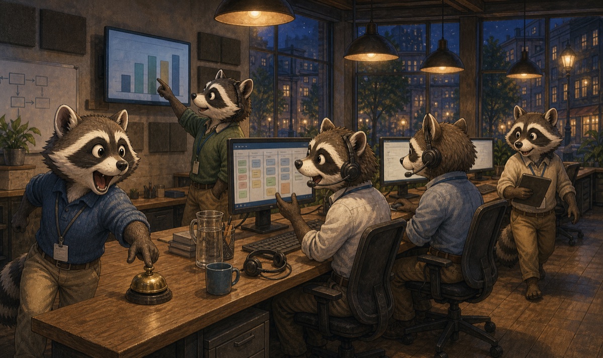 Raccoon sales team working the phones on a headset floor, one ringing a desk bell