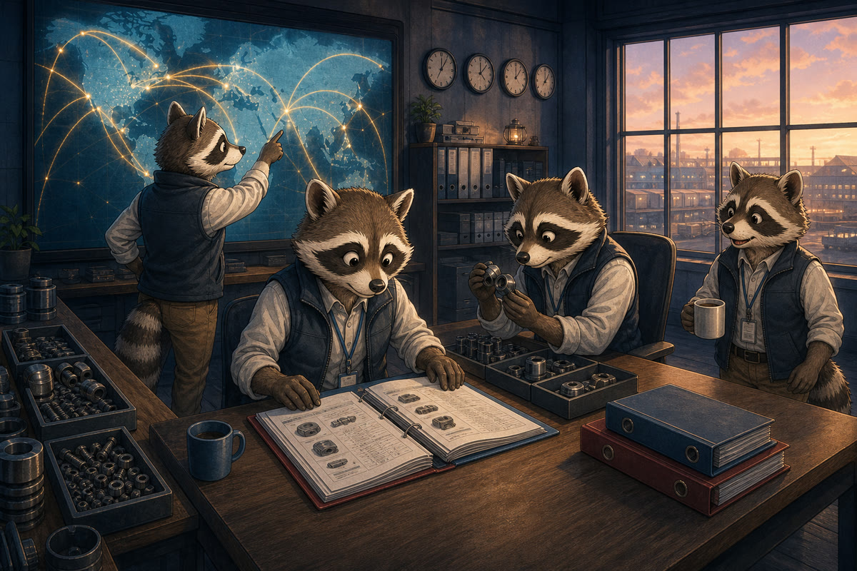 Raccoon buyers in an operations room, one tracing trade routes on a lit world map while the others check components against a parts catalogue