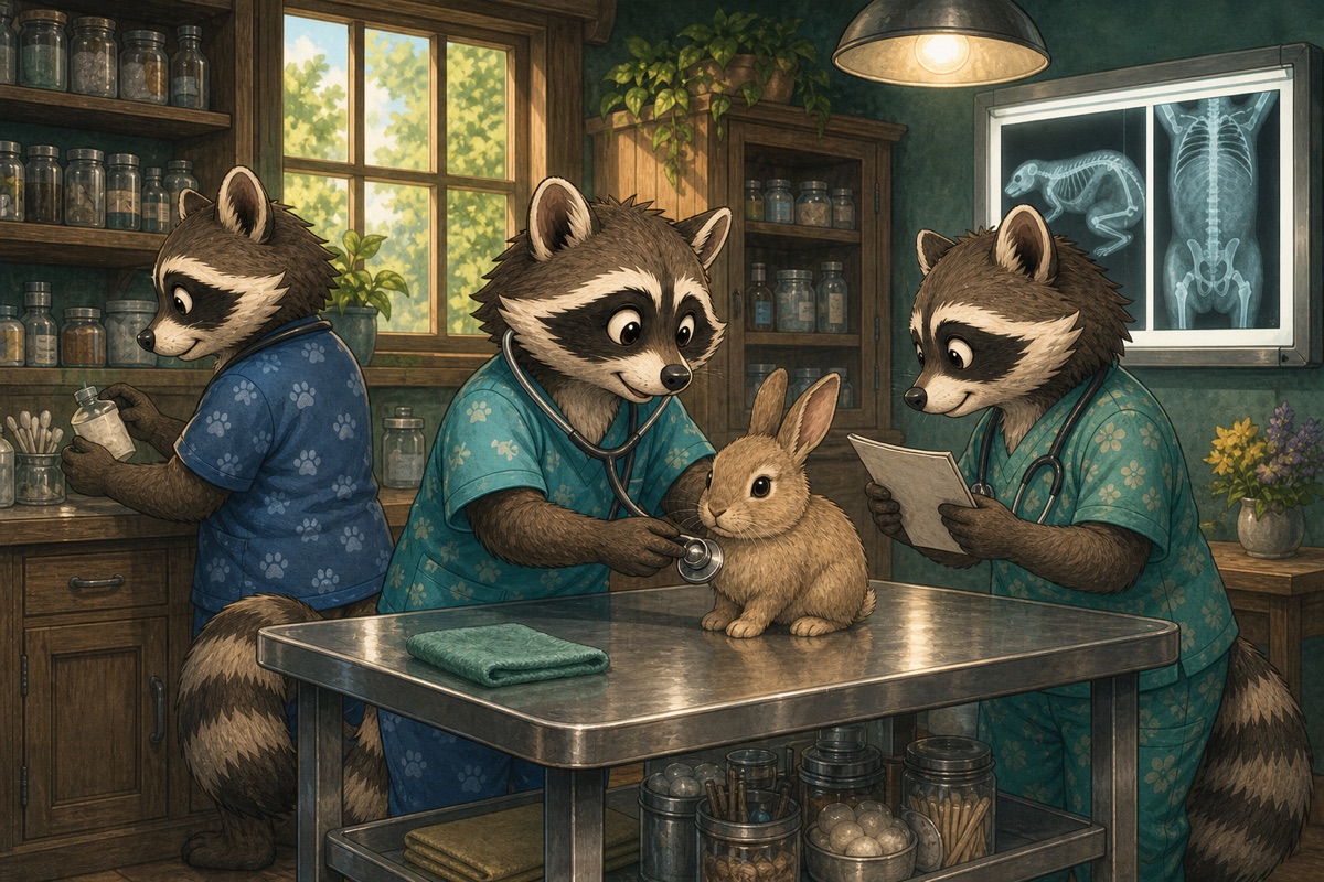 Raccoon vets examining a rabbit in a bright veterinary consulting room