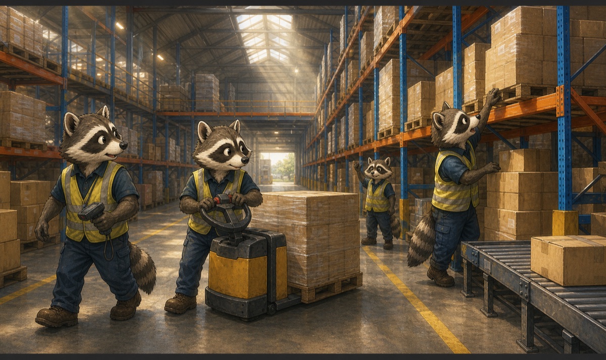 Raccoon warehouse crew moving a pallet truck between high racking under roof lights