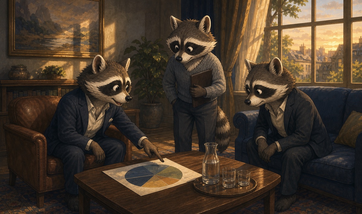 Raccoon advisers discussing a portfolio chart across a coffee table in a meeting room